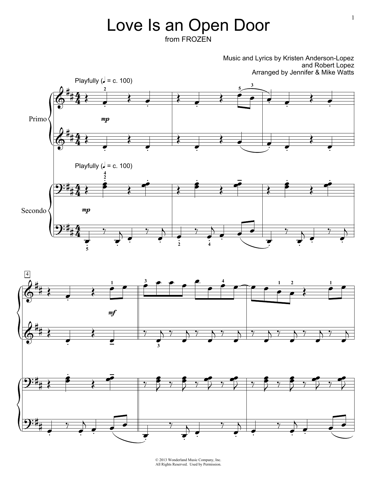 Kristen Bell & Santino Fontana Love Is An Open Door (from Disney's Frozen) (arr. Jennifer and Mike Watts) Sheet Music Notes & Chords for Piano Duet - Download or Print PDF