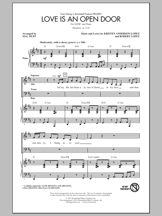Kristen Bell & Santino Fontana Love Is An Open Door (from Disney's Frozen) (arr. Mac Huff) Sheet Music Notes & Chords for SAB - Download or Print PDF
