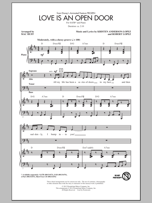 Kristen Bell & Santino Fontana Love Is An Open Door (from Disney's Frozen) (arr. Mac Huff) Sheet Music Notes & Chords for SATB - Download or Print PDF