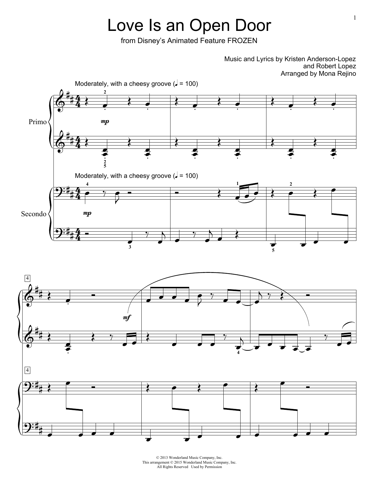 Kristen Bell & Santino Fontana Love Is An Open Door (from Disney's Frozen) (arr. Mona Rejino) Sheet Music Notes & Chords for Piano Duet - Download or Print PDF