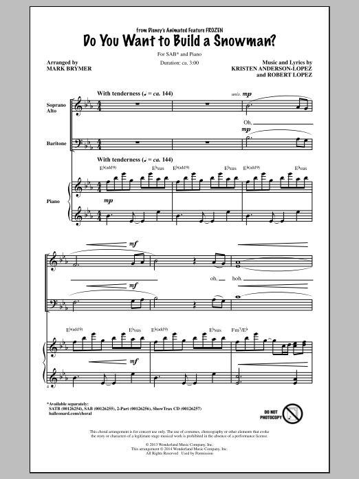 Kristen Bell, Agatha Lee Monn & Katie Lopez Do You Want To Build A Snowman? (from Disney's Frozen) (arr. Mark Brymer) Sheet Music Notes & Chords for SATB - Download or Print PDF