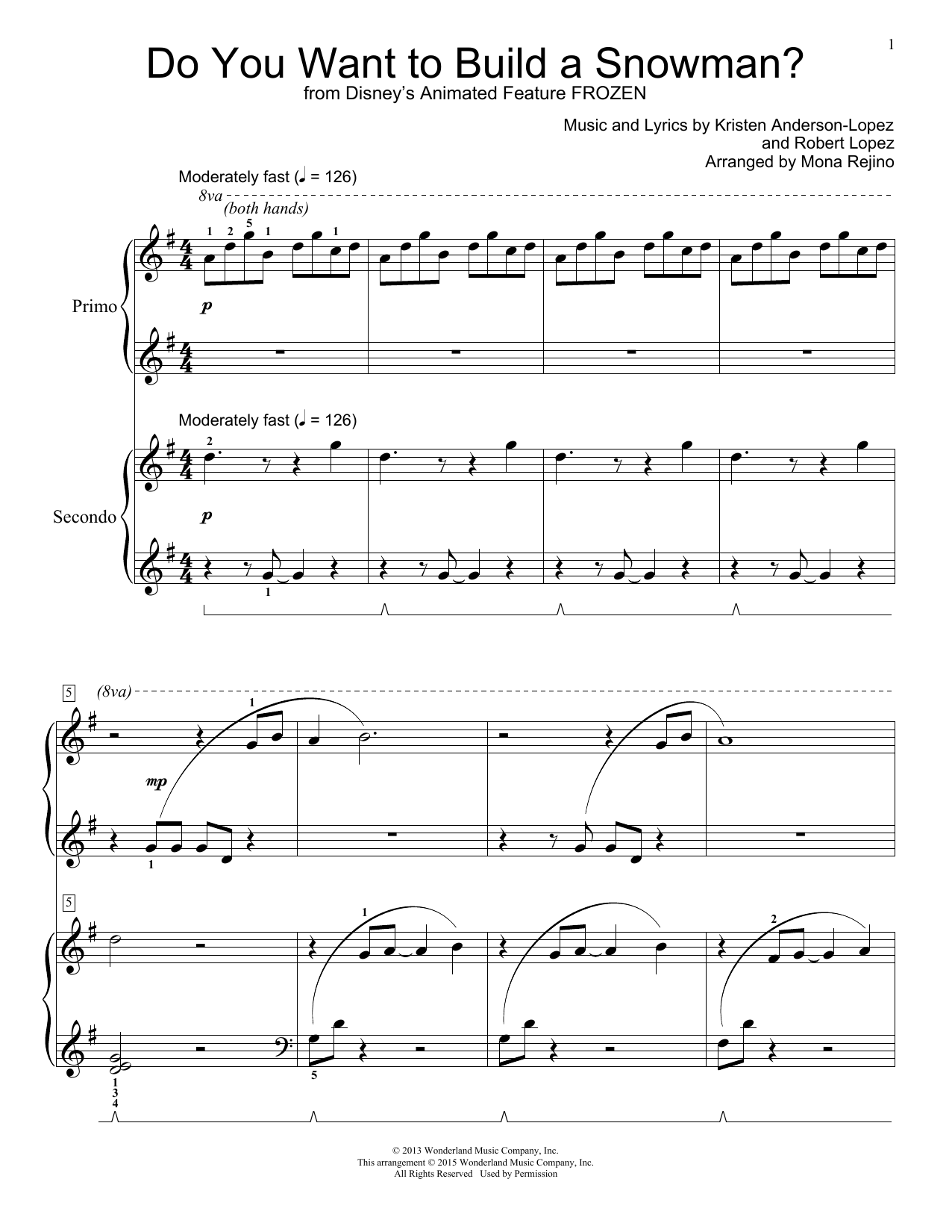 Kristen Bell, Agatha Lee Monn & Katie Lopez Do You Want To Build A Snowman? (from Disney's Frozen) (arr. Mona Rejino) Sheet Music Notes & Chords for Piano Duet - Download or Print PDF