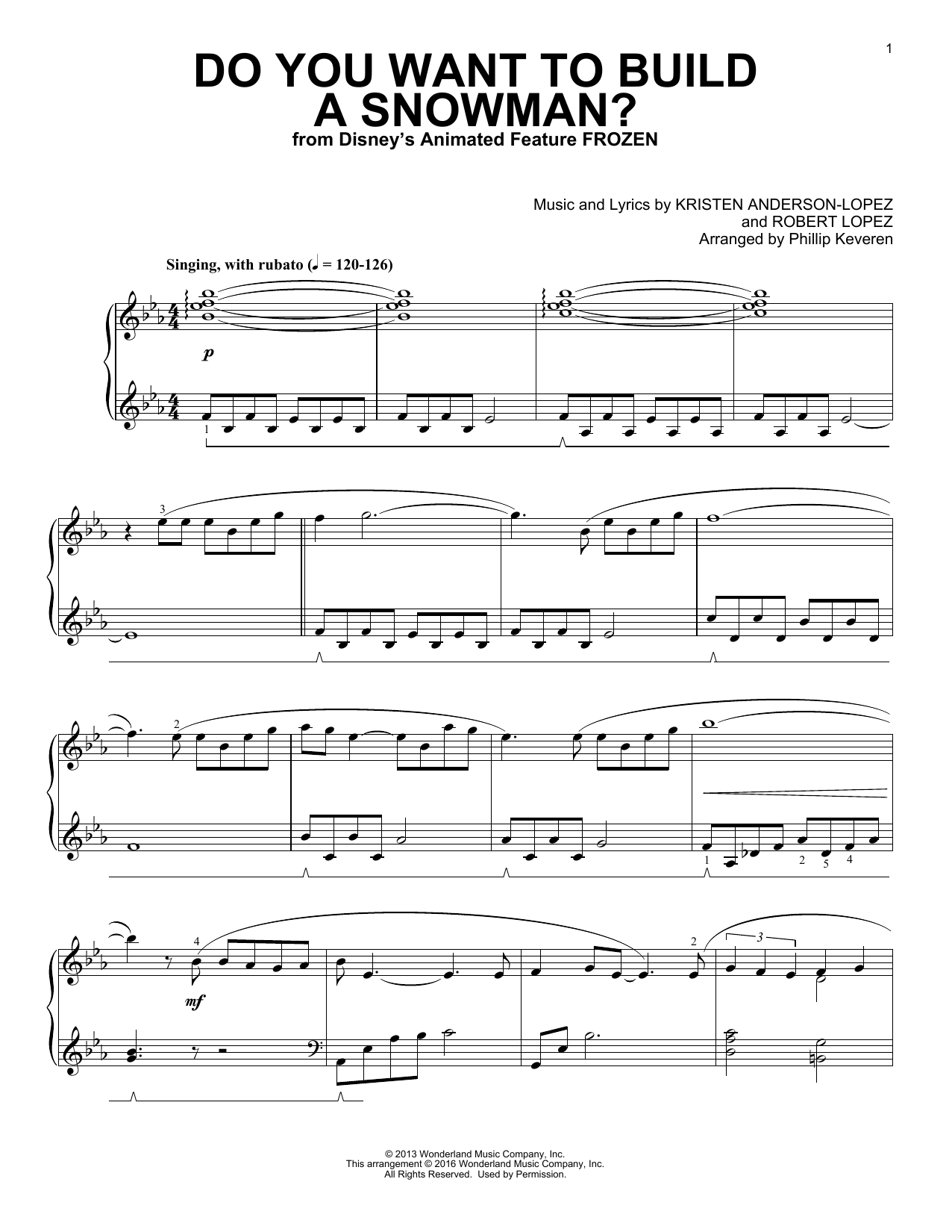 Kristen Bell, Agatha Lee Monn & Katie Lopez Do You Want To Build A Snowman? (from Disney's Frozen) (arr. Phillip Keveren) Sheet Music Notes & Chords for Piano - Download or Print PDF