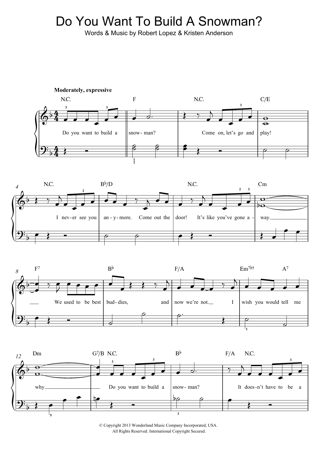 Kristen Bell, Agatha Lee Monn & Katie Lopez Do You Want To Build A Snowman? (from Disney's Frozen) Sheet Music Notes & Chords for Piano (Big Notes) - Download or Print PDF