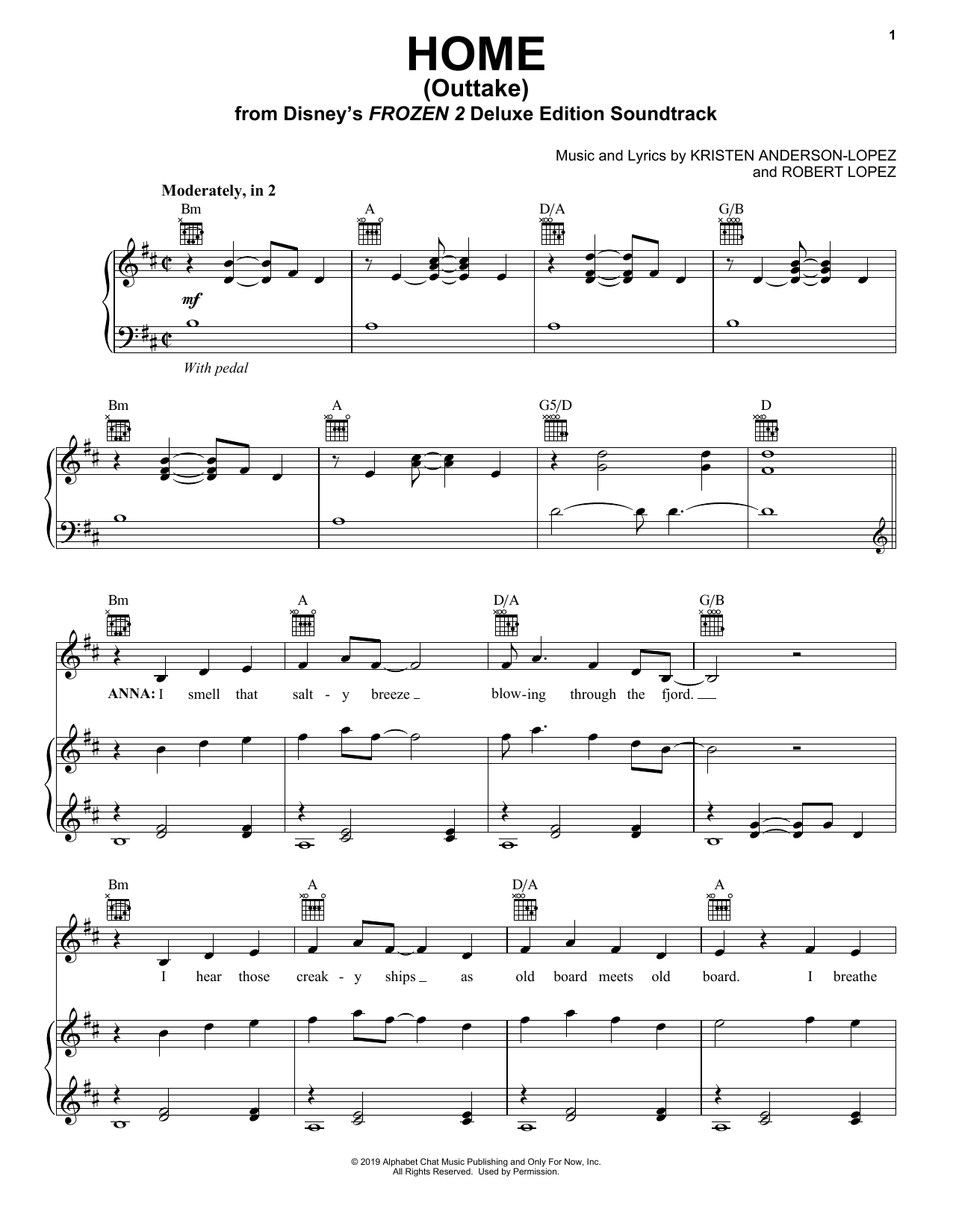 Kristen Bell Home - Outtake (from Disney's Frozen 2) Sheet Music Notes & Chords for Piano, Vocal & Guitar (Right-Hand Melody) - Download or Print PDF