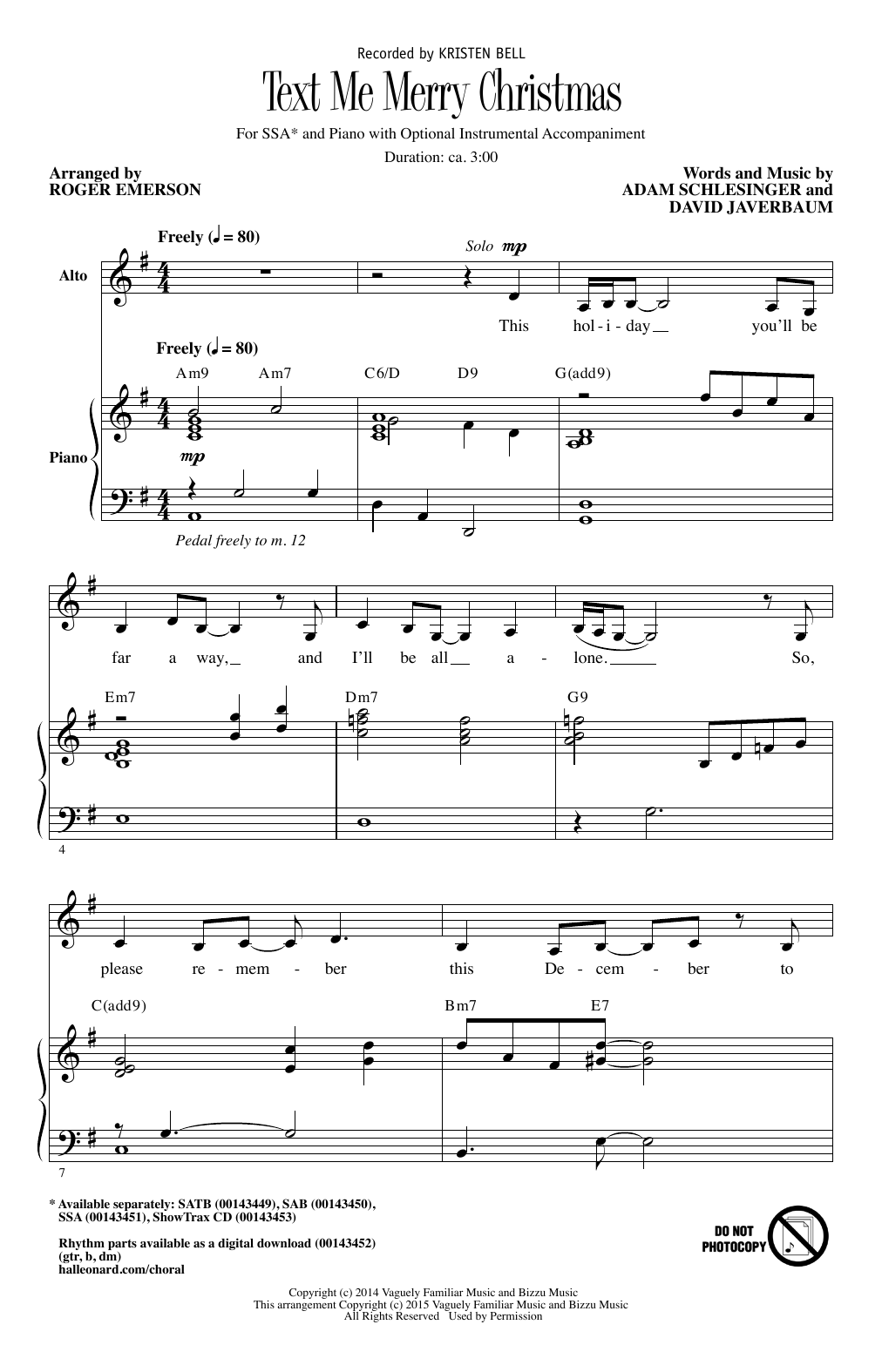 Kristen Bell Text Me Merry Christmas (arr. Roger Emerson) Sheet Music Notes & Chords for SSA - Download or Print PDF