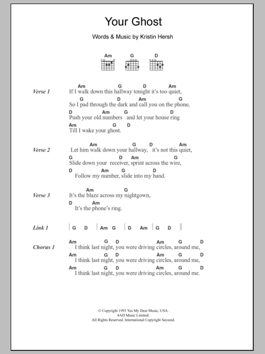 Kristin Hersh Your Ghost Sheet Music Notes & Chords for Lyrics & Chords - Download or Print PDF