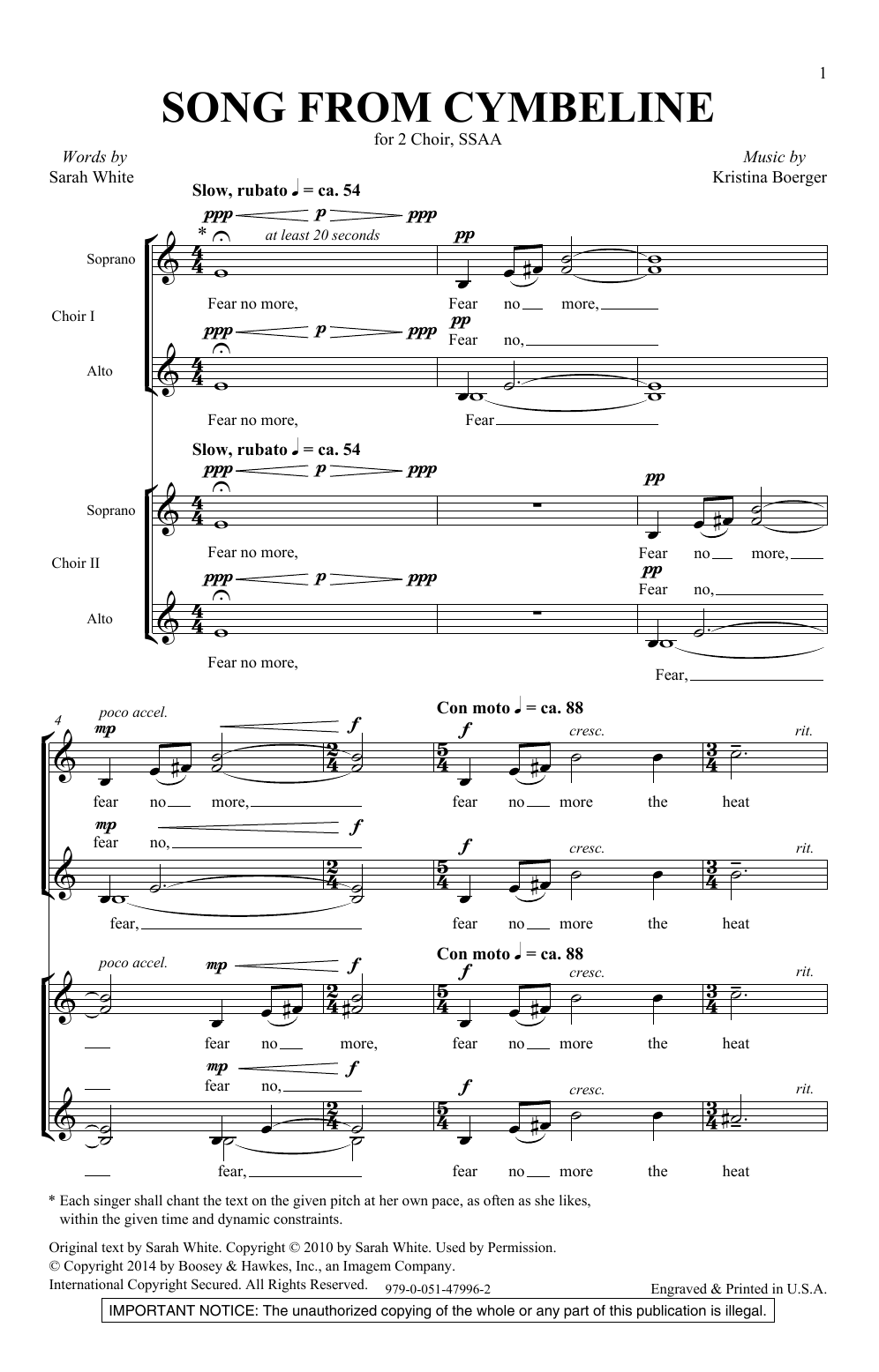 Kristina Boerger Song From Cymbeline Sheet Music Notes & Chords for SSA Choir - Download or Print PDF