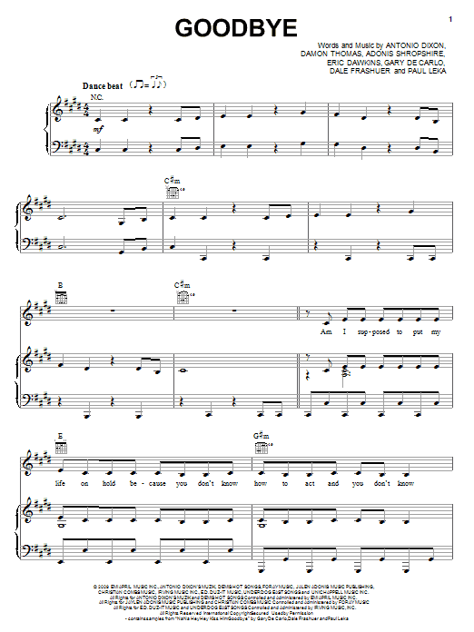 Kristinia Debarge Goodbye Sheet Music Notes & Chords for Piano, Vocal & Guitar (Right-Hand Melody) - Download or Print PDF