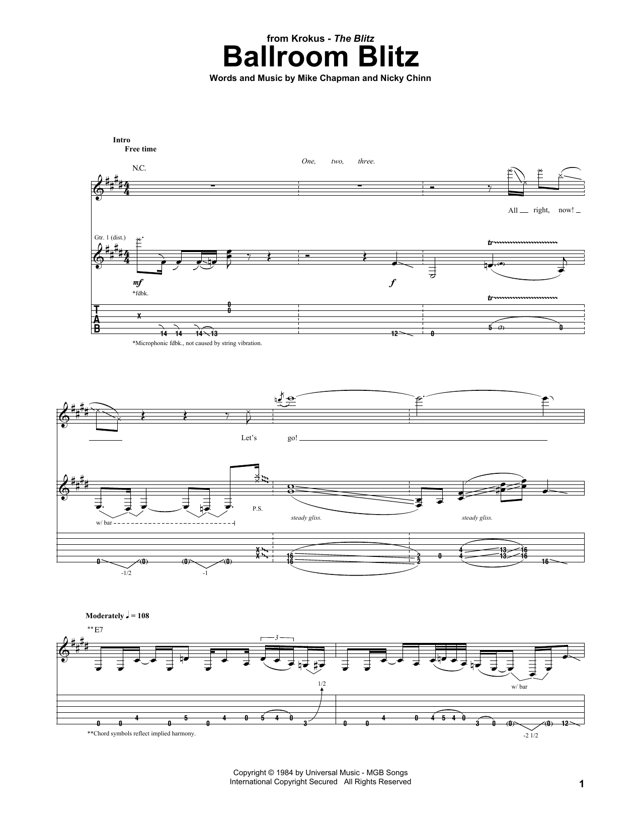 Krokus Ballroom Blitz Sheet Music Notes & Chords for Guitar Tab - Download or Print PDF