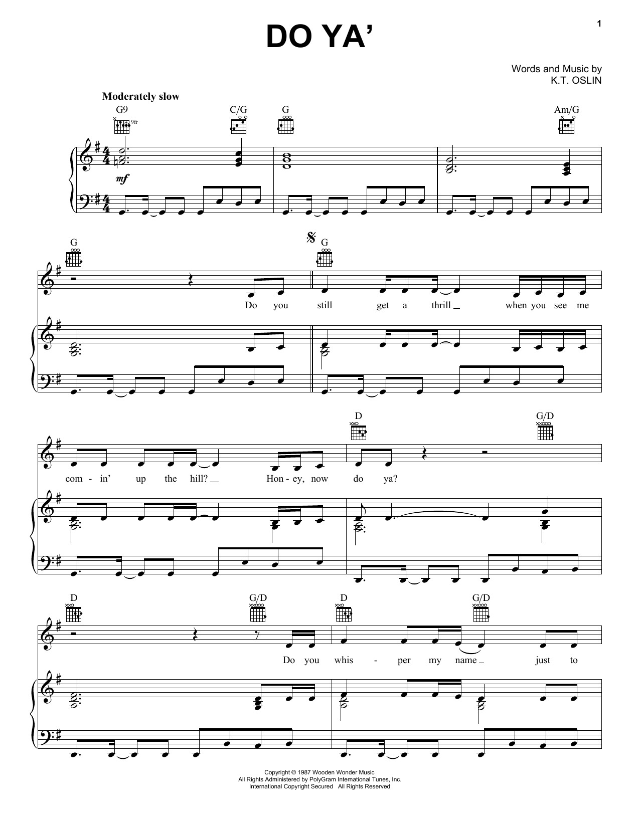 K.T. Oslin Do Ya' Sheet Music Notes & Chords for Piano, Vocal & Guitar Chords (Right-Hand Melody) - Download or Print PDF