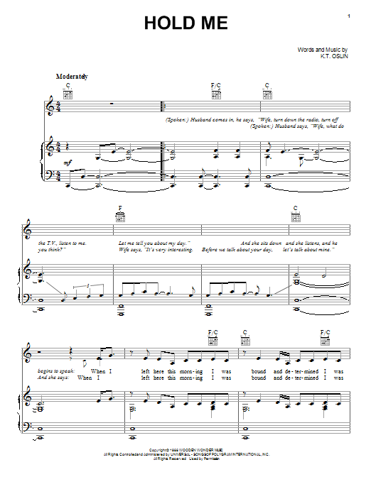 K.T. Oslin Hold Me Sheet Music Notes & Chords for Piano, Vocal & Guitar (Right-Hand Melody) - Download or Print PDF