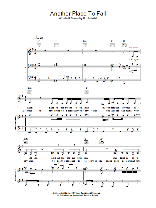 KT Tunstall Another Place To Fall Sheet Music Notes & Chords for Piano, Vocal & Guitar (Right-Hand Melody) - Download or Print PDF