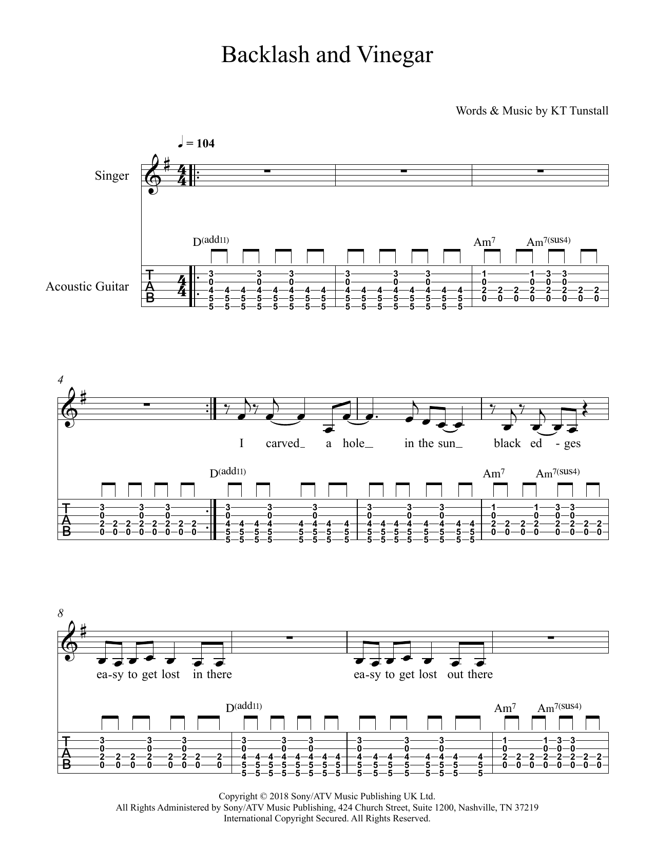 KT Tunstall Backlash & Vinegar Sheet Music Notes & Chords for Solo Guitar - Download or Print PDF
