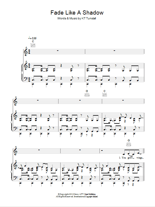 KT Tunstall Fade Like A Shadow Sheet Music Notes & Chords for Piano, Vocal & Guitar (Right-Hand Melody) - Download or Print PDF