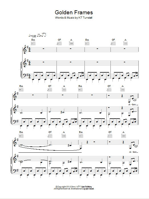 KT Tunstall Golden Frames Sheet Music Notes & Chords for Piano, Vocal & Guitar (Right-Hand Melody) - Download or Print PDF