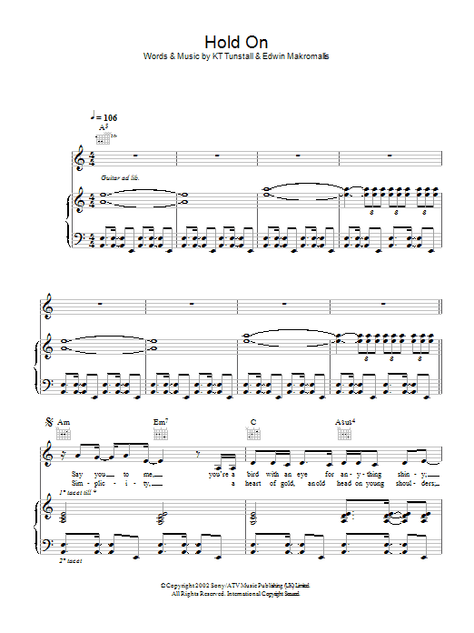 KT Tunstall Hold On Sheet Music Notes & Chords for Beginner Piano - Download or Print PDF