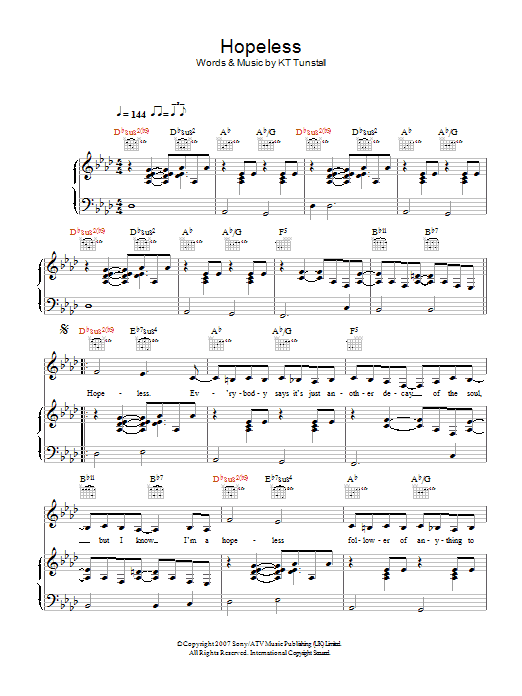 KT Tunstall Hopeless Sheet Music Notes & Chords for Piano, Vocal & Guitar - Download or Print PDF