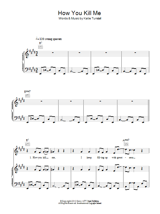 KT Tunstall How You Kill Me Sheet Music Notes & Chords for Piano, Vocal & Guitar (Right-Hand Melody) - Download or Print PDF