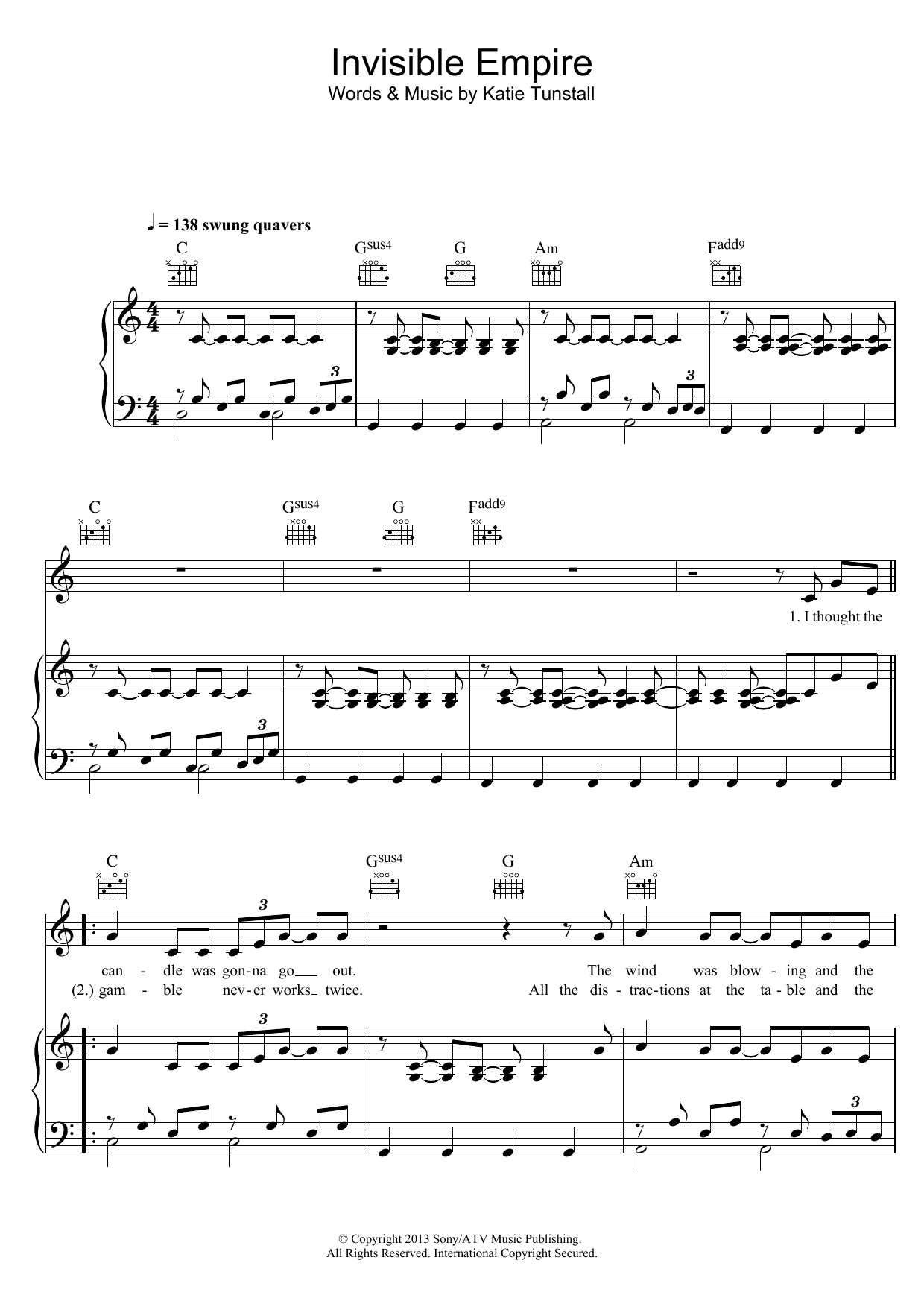 KT Tunstall Invisible Empire Sheet Music Notes & Chords for Piano, Vocal & Guitar (Right-Hand Melody) - Download or Print PDF