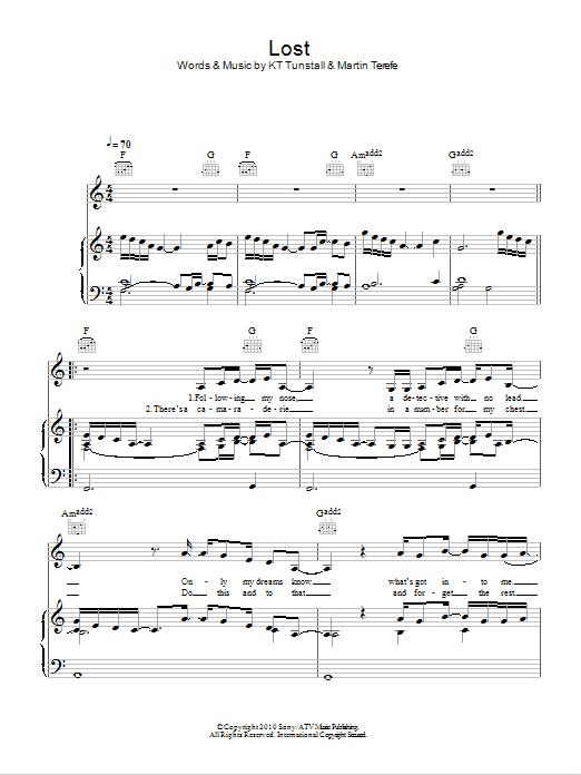 KT Tunstall Lost Sheet Music Notes & Chords for Piano, Vocal & Guitar (Right-Hand Melody) - Download or Print PDF