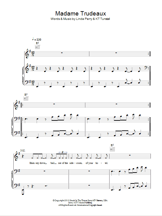 KT Tunstall Madame Trudeaux Sheet Music Notes & Chords for Piano, Vocal & Guitar (Right-Hand Melody) - Download or Print PDF