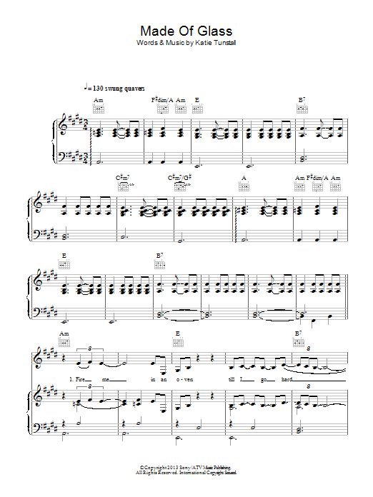 KT Tunstall Made Of Glass Sheet Music Notes & Chords for Piano, Vocal & Guitar (Right-Hand Melody) - Download or Print PDF