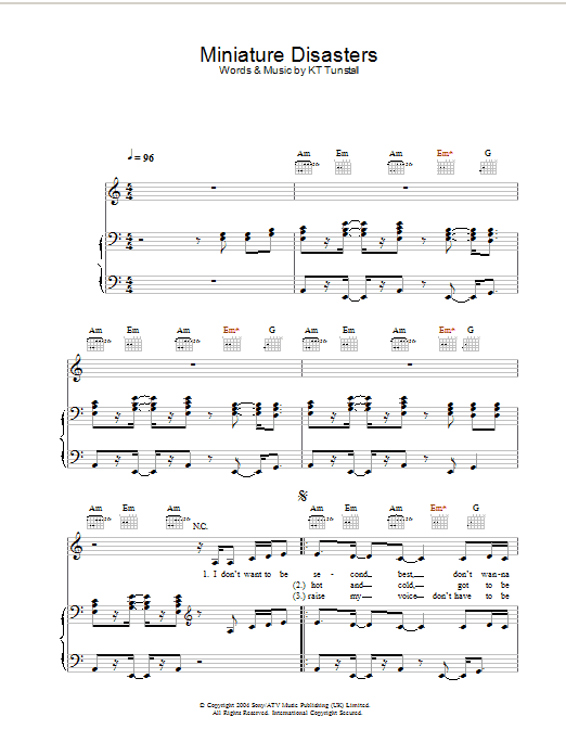 KT Tunstall Miniature Disasters Sheet Music Notes & Chords for Piano, Vocal & Guitar (Right-Hand Melody) - Download or Print PDF