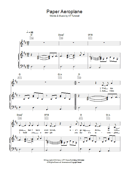 KT Tunstall Paper Aeroplane Sheet Music Notes & Chords for Piano, Vocal & Guitar - Download or Print PDF