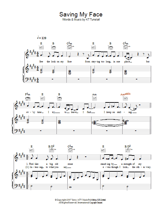 KT Tunstall Saving My Face Sheet Music Notes & Chords for Piano, Vocal & Guitar - Download or Print PDF