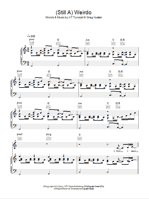 KT Tunstall (Still A) Weirdo Sheet Music Notes & Chords for Piano, Vocal & Guitar (Right-Hand Melody) - Download or Print PDF