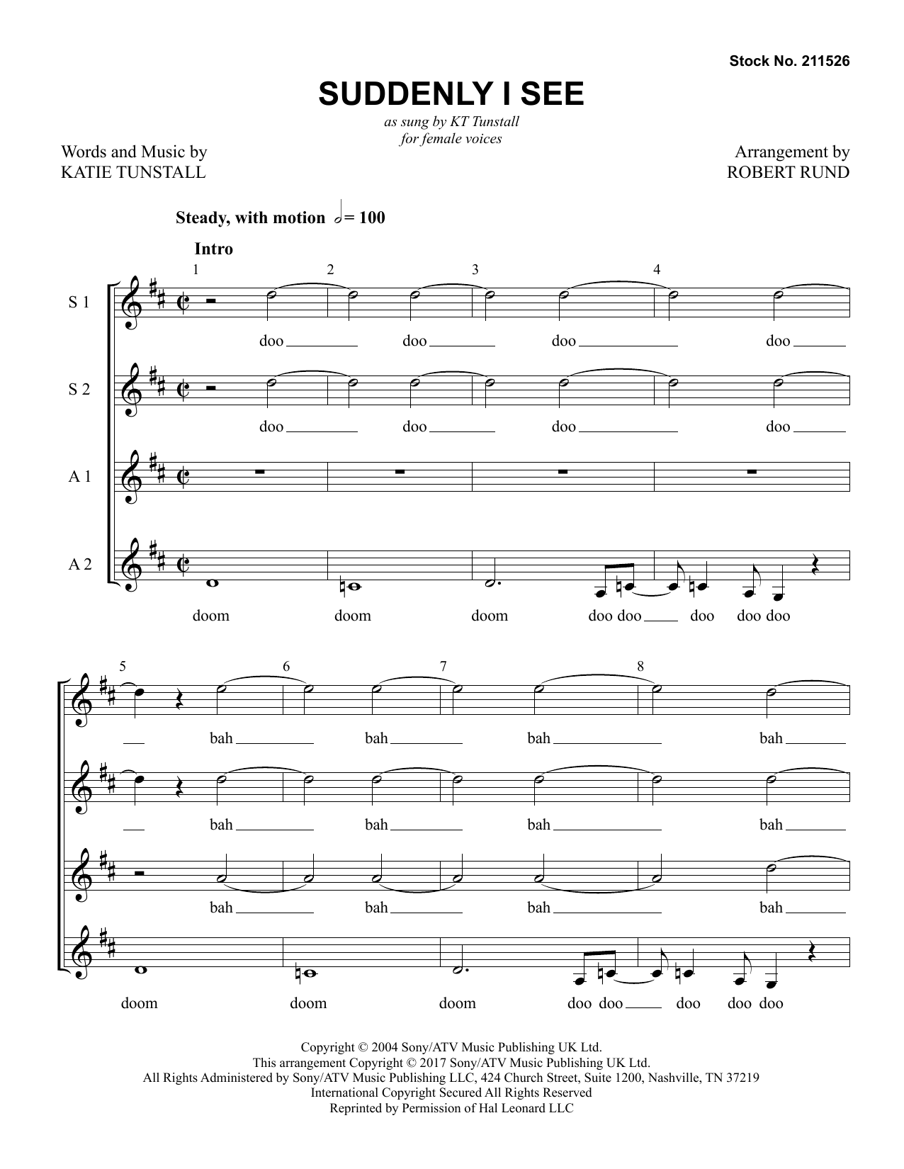 KT Tunstall Suddenly I See (arr. Robert Rund) Sheet Music Notes & Chords for SSA Choir - Download or Print PDF