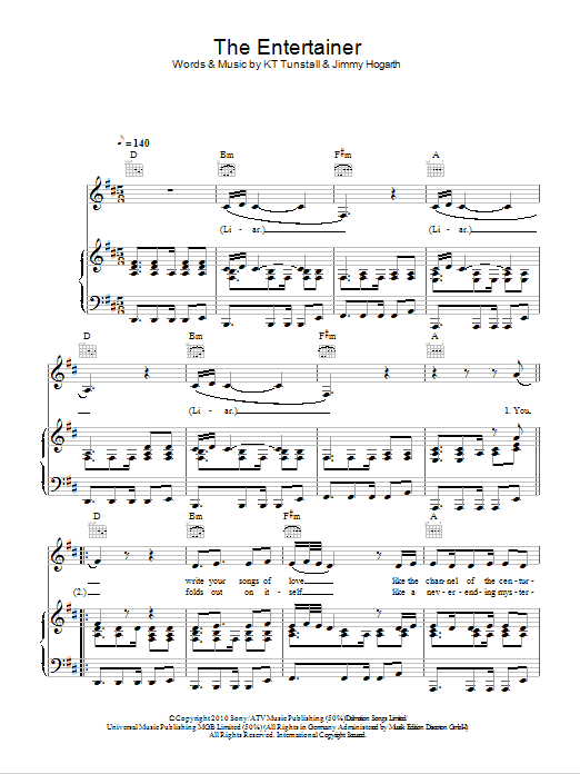 KT Tunstall The Entertainer Sheet Music Notes & Chords for Piano, Vocal & Guitar (Right-Hand Melody) - Download or Print PDF