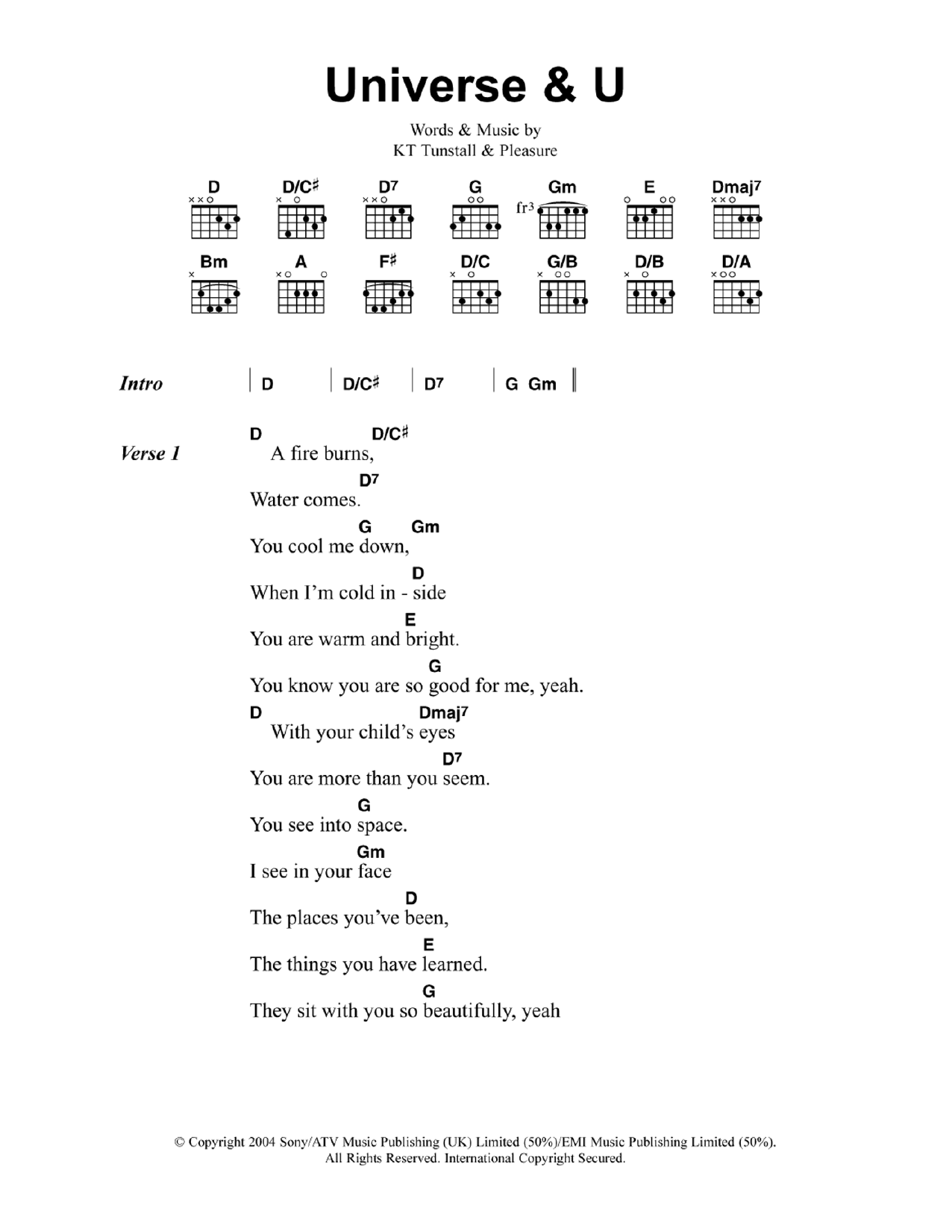 KT Tunstall Universe & U Sheet Music Notes & Chords for Lyrics & Chords - Download or Print PDF