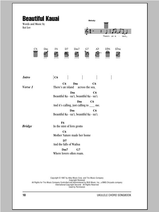 Kui Lee Beautiful Kauai Sheet Music Notes & Chords for Ukulele with strumming patterns - Download or Print PDF