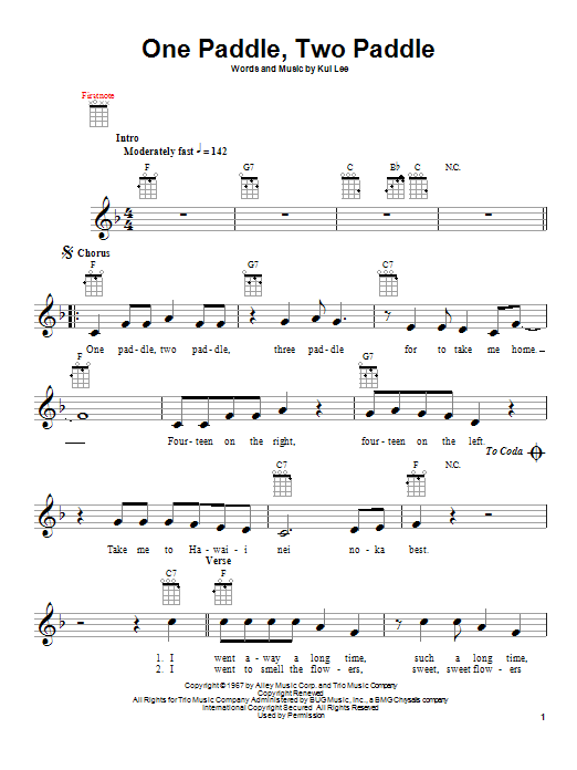 Kui Lee One Paddle, Two Paddle Sheet Music Notes & Chords for Ukulele with strumming patterns - Download or Print PDF