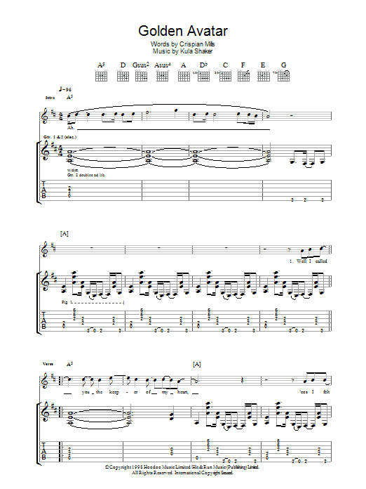 Kula Shaker Golden Avatar Sheet Music Notes & Chords for Lyrics & Chords - Download or Print PDF