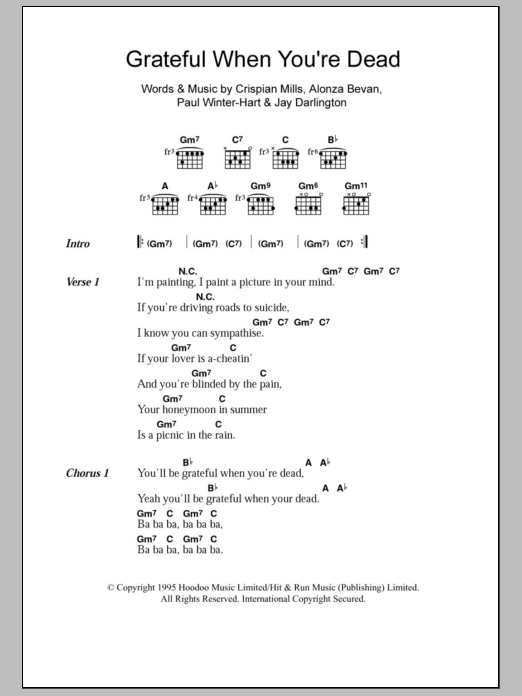 Kula Shaker Grateful When You're Dead/Jerry Was There Sheet Music Notes & Chords for Lyrics & Chords - Download or Print PDF