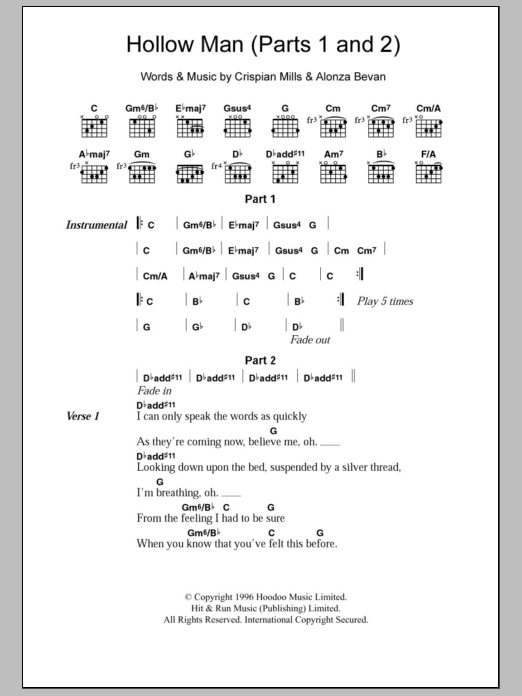 Kula Shaker Hollow Man (Parts 1 and 2) Sheet Music Notes & Chords for Lyrics & Chords - Download or Print PDF