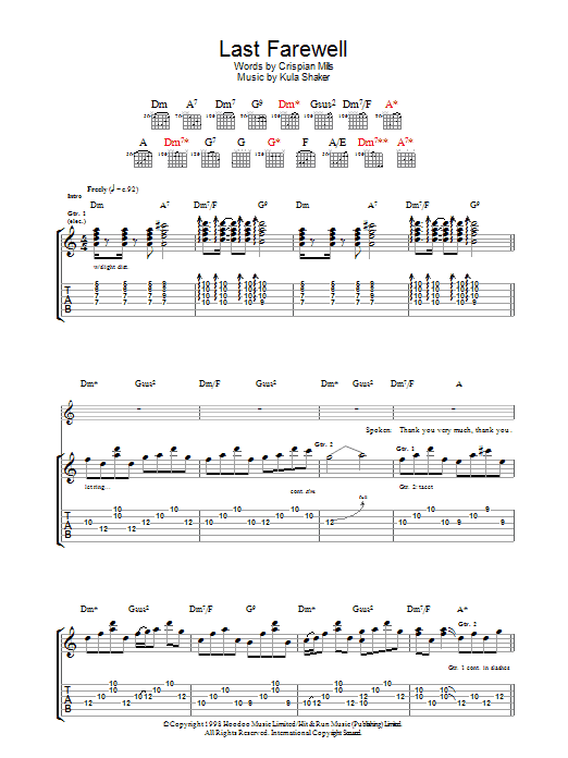 Kula Shaker Last Farewell Sheet Music Notes & Chords for Lyrics & Chords - Download or Print PDF