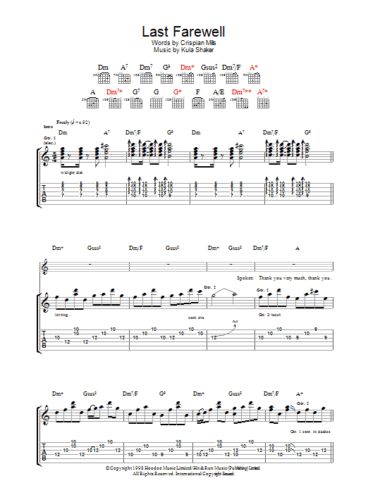 Kula Shaker Last Farewell Sheet Music Notes & Chords for Guitar Tab - Download or Print PDF