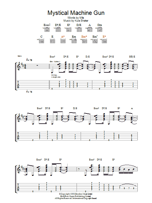 Kula Shaker Mystical Machine Gun Sheet Music Notes & Chords for Guitar Tab - Download or Print PDF