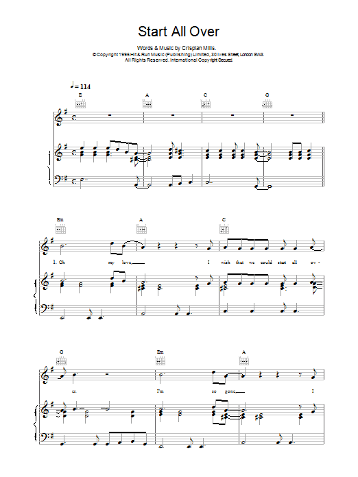 Kula Shaker Start All Over Sheet Music Notes & Chords for Piano, Vocal & Guitar (Right-Hand Melody) - Download or Print PDF