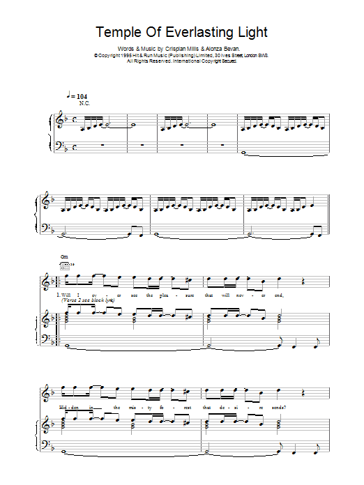 Kula Shaker Temple Of Everlasting Light Sheet Music Notes & Chords for Piano, Vocal & Guitar (Right-Hand Melody) - Download or Print PDF