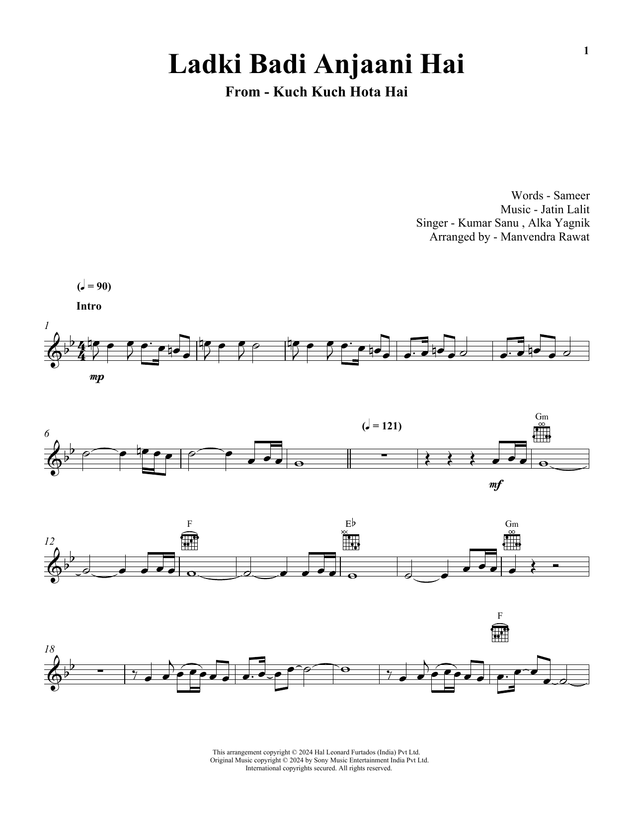 Kumar Sanu & Alka Yagnik Ladki Badi Anjaani Hai (from Kuch Kuch Hota Hai) Sheet Music Notes & Chords for Lead Sheet / Fake Book - Download or Print PDF