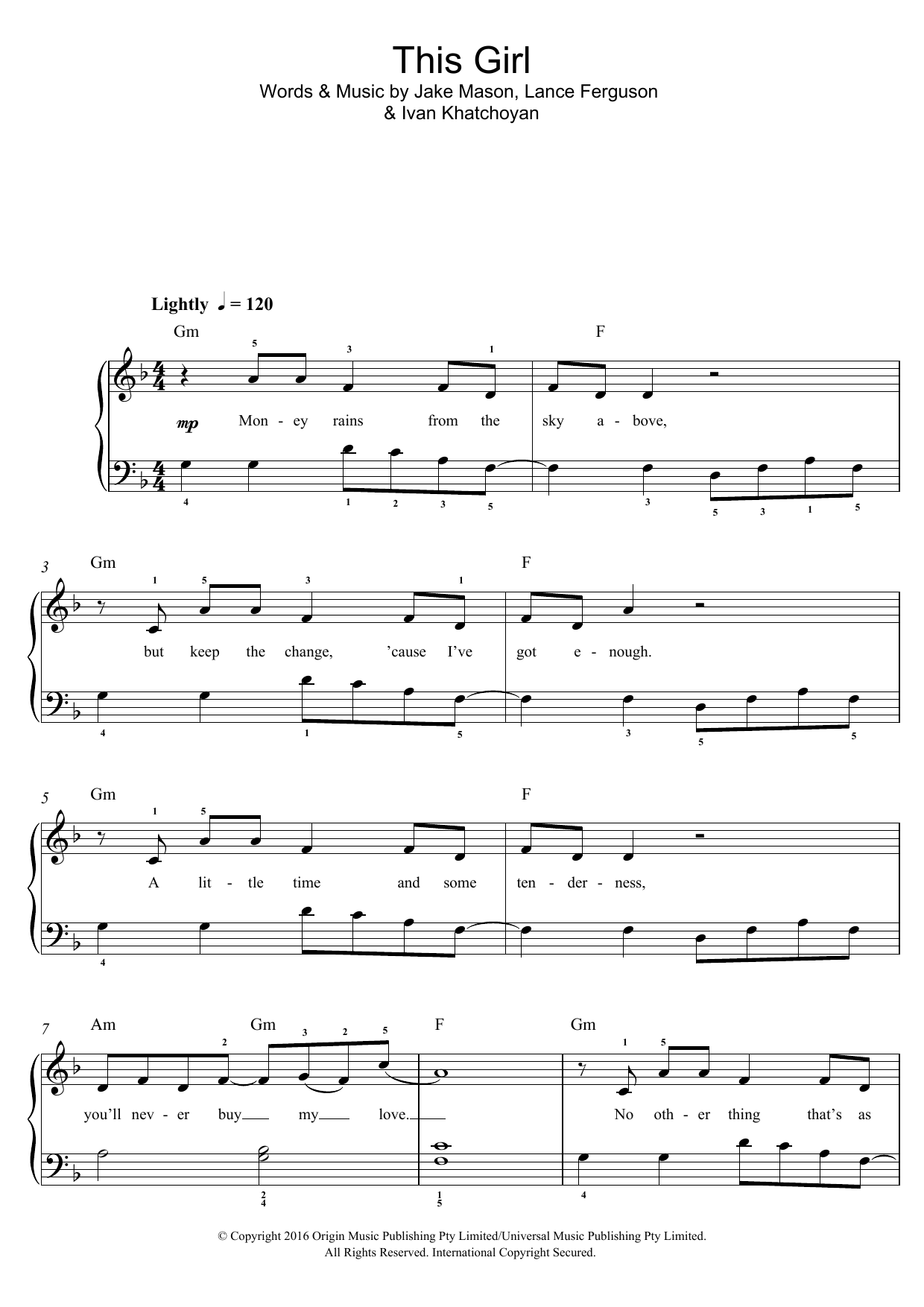 Kungs This Girl Sheet Music Notes & Chords for Beginner Piano - Download or Print PDF