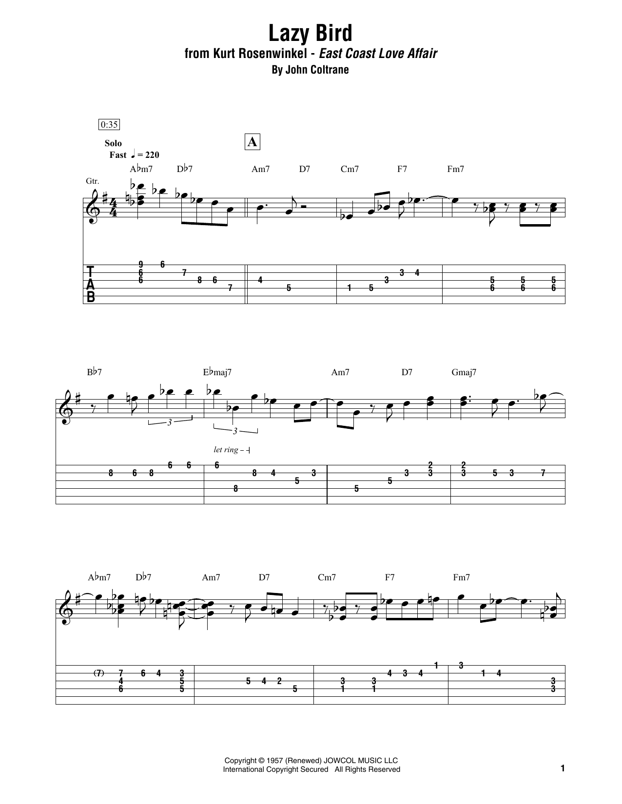 Kurt Rosenwinkel Lazy Bird Sheet Music Notes & Chords for Electric Guitar Transcription - Download or Print PDF