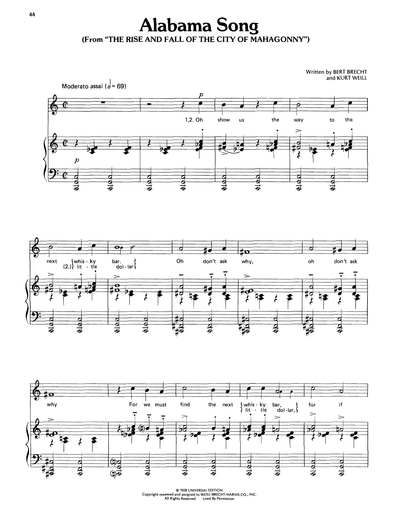 Kurt Weill Alabama Song Sheet Music Notes & Chords for Piano, Vocal & Guitar Chords (Right-Hand Melody) - Download or Print PDF