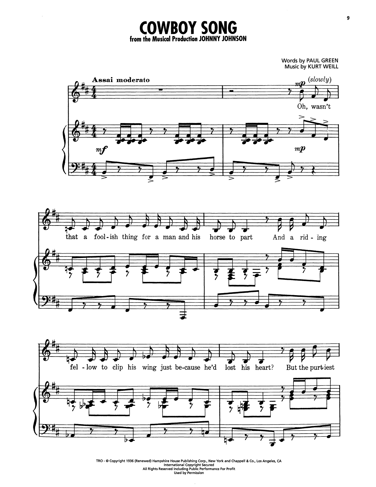 Kurt Weill Cowboy Song (from Johnny Johnson) Sheet Music Notes & Chords for Piano, Vocal & Guitar Chords (Right-Hand Melody) - Download or Print PDF