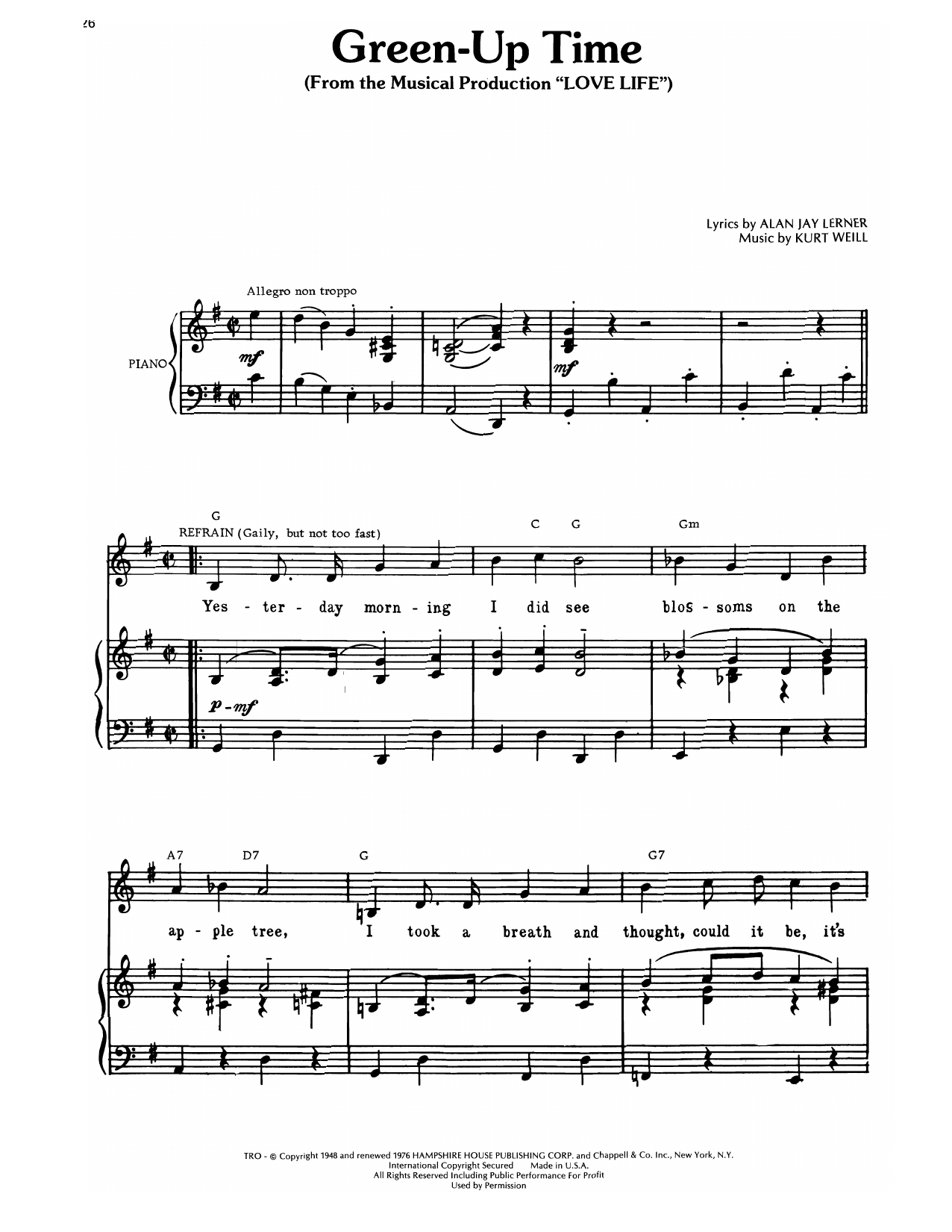 Kurt Weill Green-Up Time (from Love Life) Sheet Music Notes & Chords for Piano, Vocal & Guitar Chords (Right-Hand Melody) - Download or Print PDF Kurt Weill Green-Up Time (from Love Life) Sheet Music Notes & Chords for Piano, Vocal & Guitar Chords (Right-Hand Melody) - Download or Print PDF